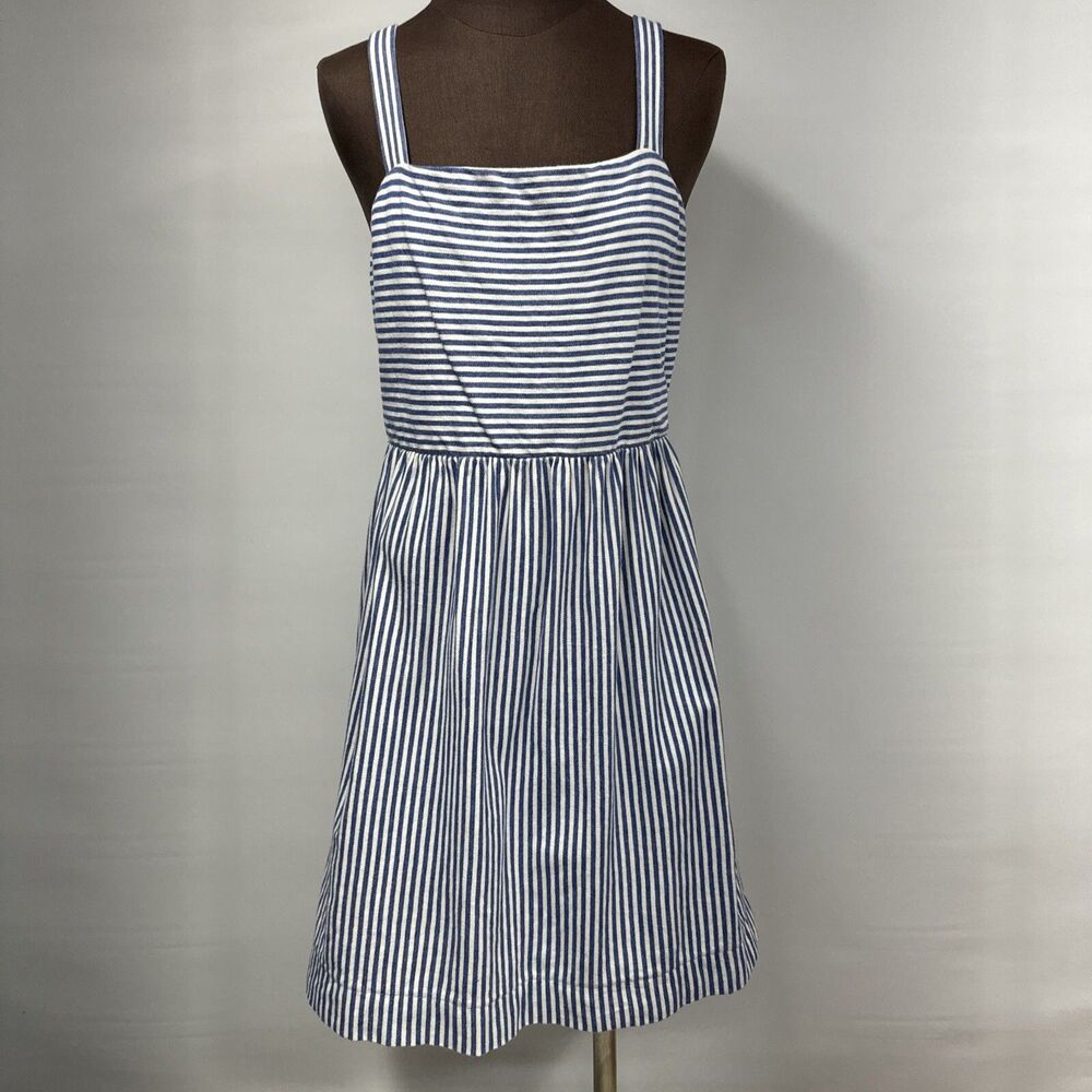 LOFT Ann Taylor Blue White Striped Tank Dress Women Medium Zip Back 100% Cotton